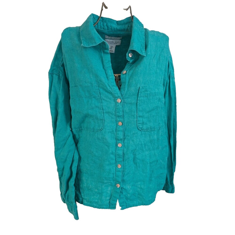 Rachel Zoe 100% Linen Button-Up Shirt Excellent Used Condition Teal Green
